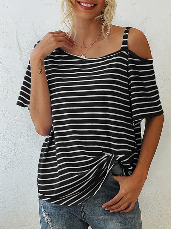 Striped Loose Off -the -shoulder Short -sleeved Casual Shirt