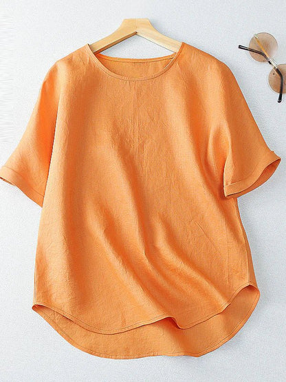 Pure Color Crew Neck Short Sleeve Casual Linen Tee Top