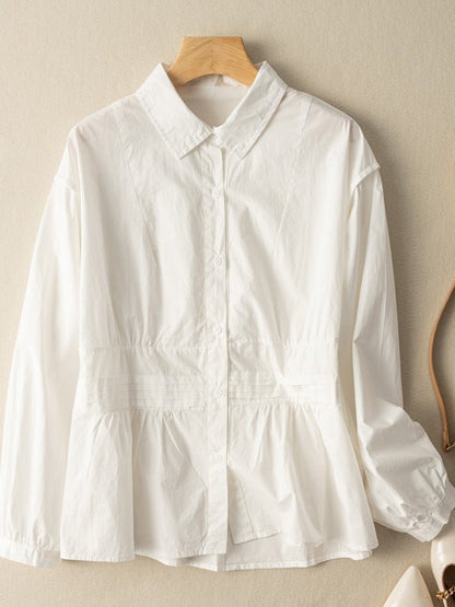 100% Natural Fabric Pleated Button Long Sleeve Loose Casual Shirt