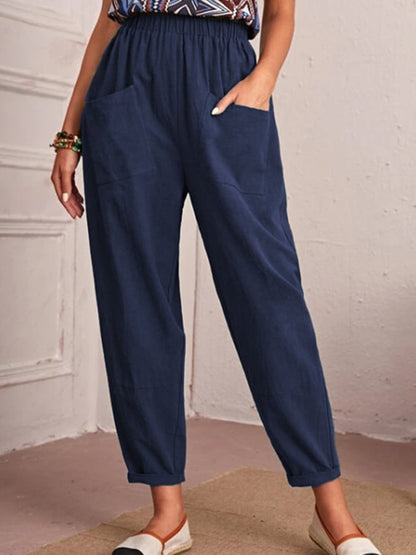 Cotton And Linen Elastic Waist Double Patch Pocket Casual Pants