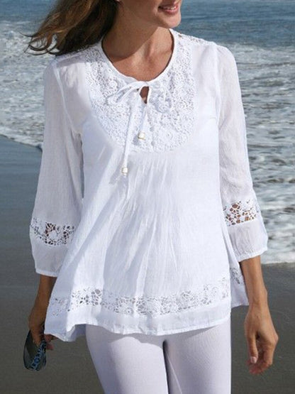 Women's Solid Color Lace Tie Cotton Cotton Shirt