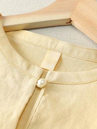 Pure Color Crew Neck Short Sleeve Buttoned Casual Linen Tee Top