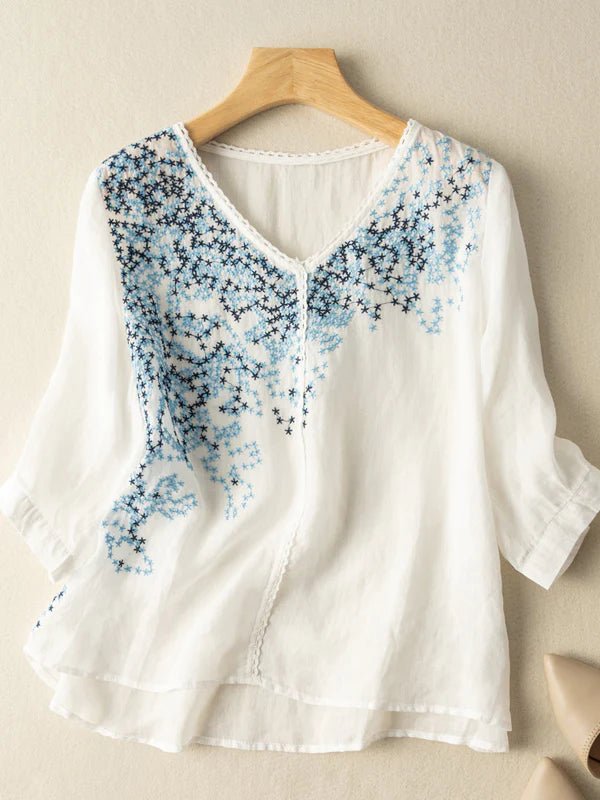 Embroidered V Neck 3/4 Sleeve Casual Linen Top