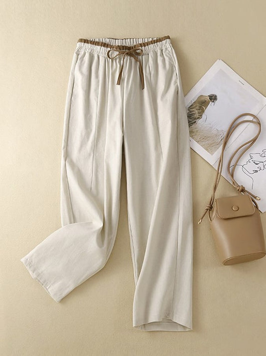 Cotton And Linen Color Contrast Stitching Elastic Waist All-match Slim Casual Pants