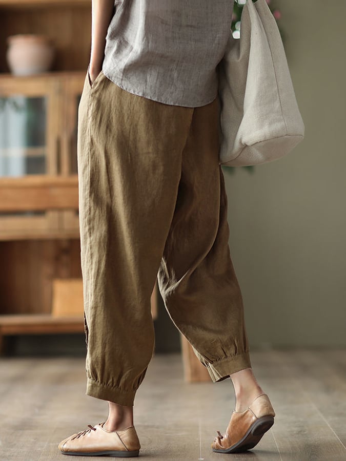 Cotton Linen Retro Wood Ear Stitching Casual Pants