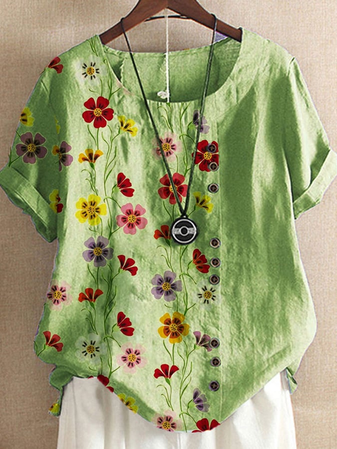 Women's Casual Flower Printed Cotton And Linen Top