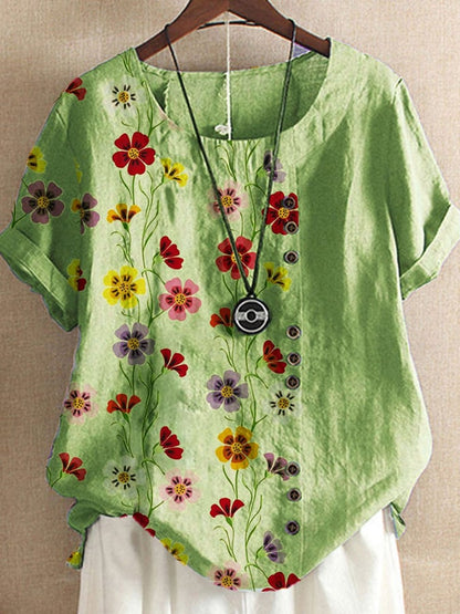 Women's Casual Flower Printed Cotton And Linen Top