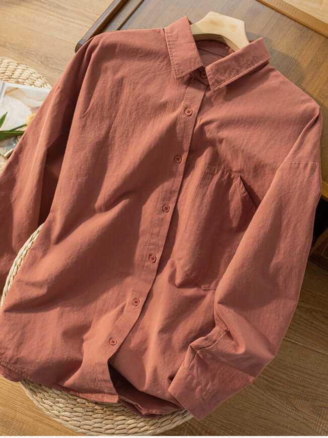 100% Natural Fabric Loose Casual Shirt With Pockets In Solid Color