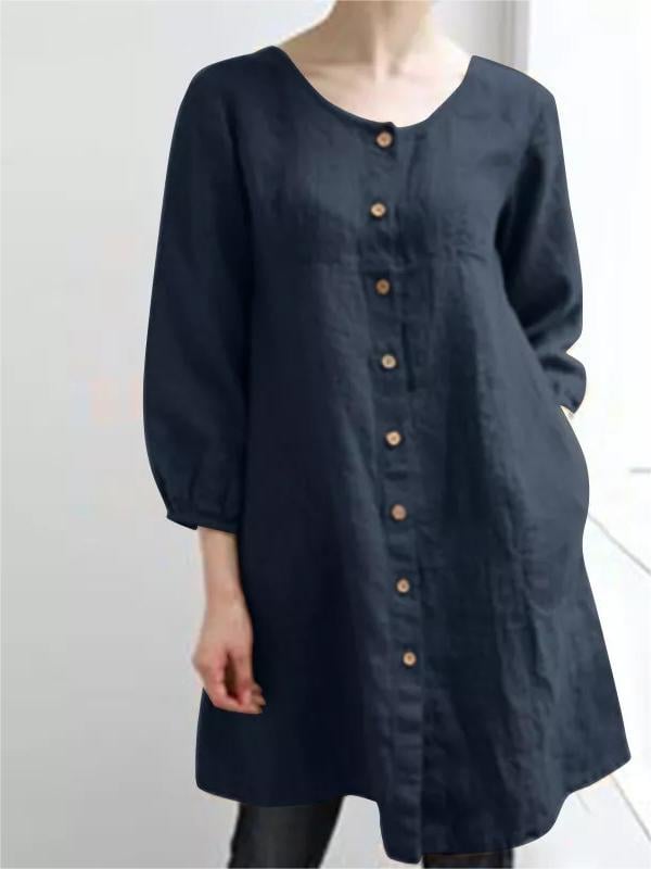 Women's Solid Color Round Neck Button Casual Shirt