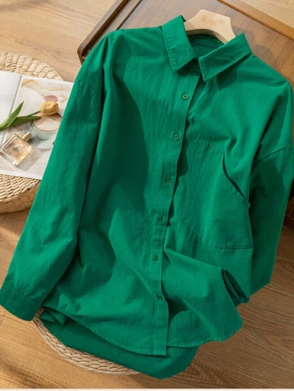 100% Natural Fabric Loose Casual Shirt With Pockets In Solid Color