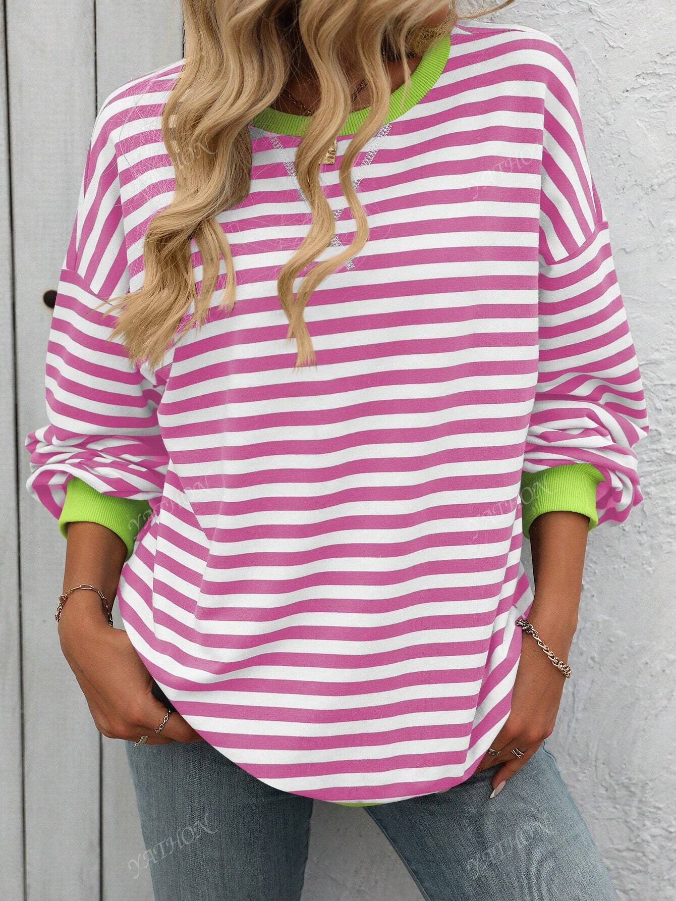 Casual New Striped & Floral Print Round Neck Loose Fit Pullover Sweatshirt