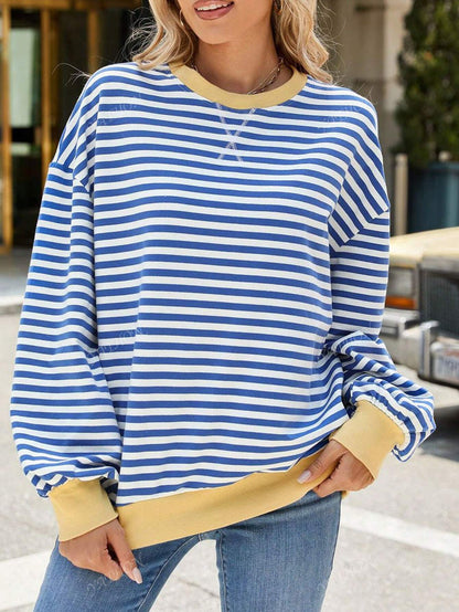 Casual New Striped & Floral Print Round Neck Loose Fit Pullover Sweatshirt