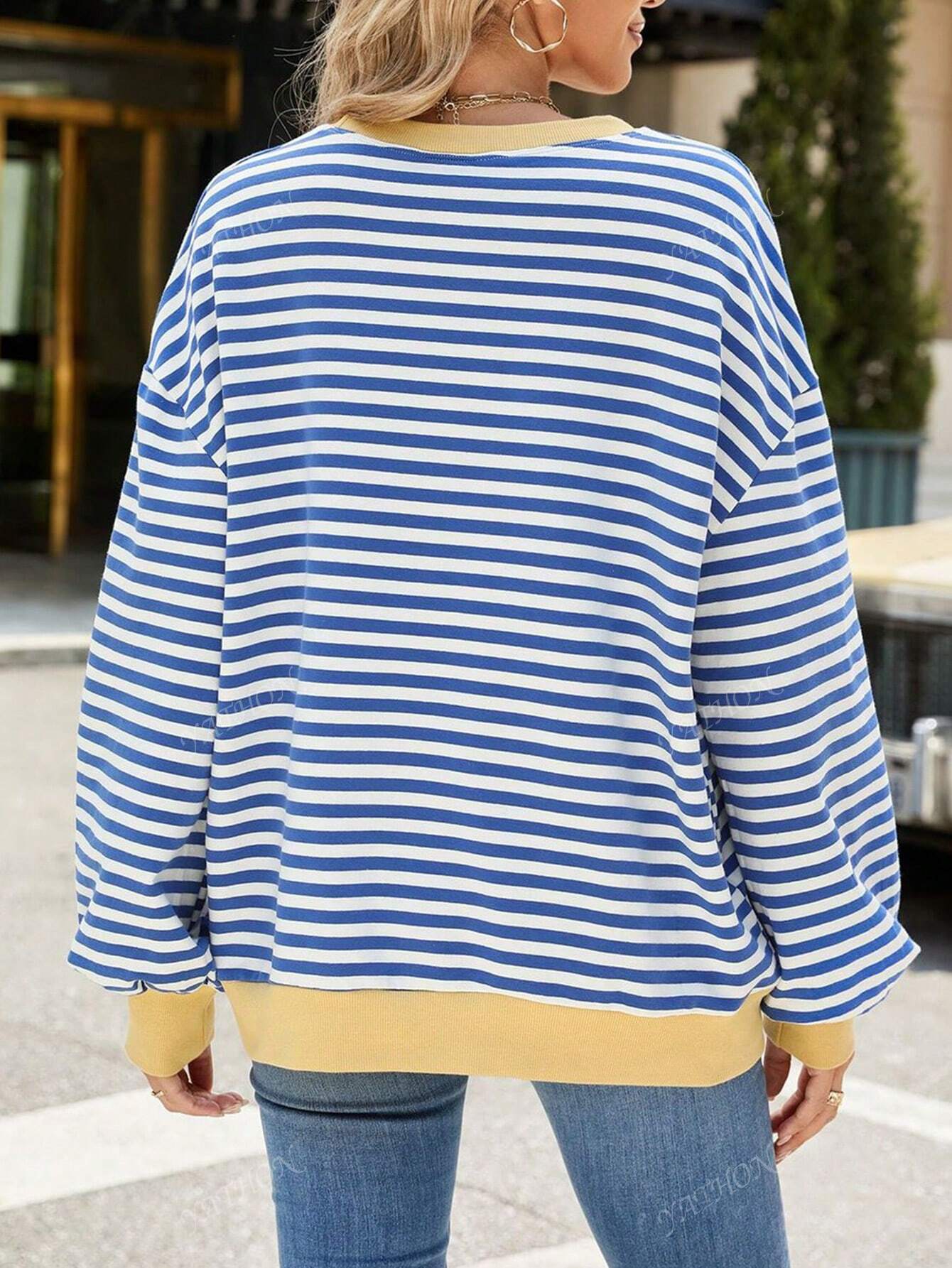 Casual New Striped & Floral Print Round Neck Loose Fit Pullover Sweatshirt