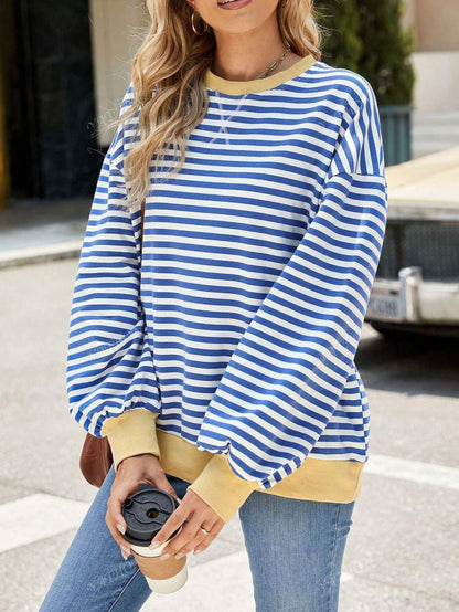 Casual New Striped & Floral Print Round Neck Loose Fit Pullover Sweatshirt