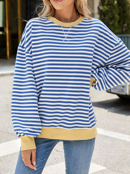 Casual New Striped & Floral Print Round Neck Loose Fit Pullover Sweatshirt