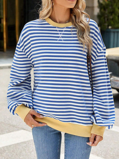 Casual New Striped & Floral Print Round Neck Loose Fit Pullover Sweatshirt