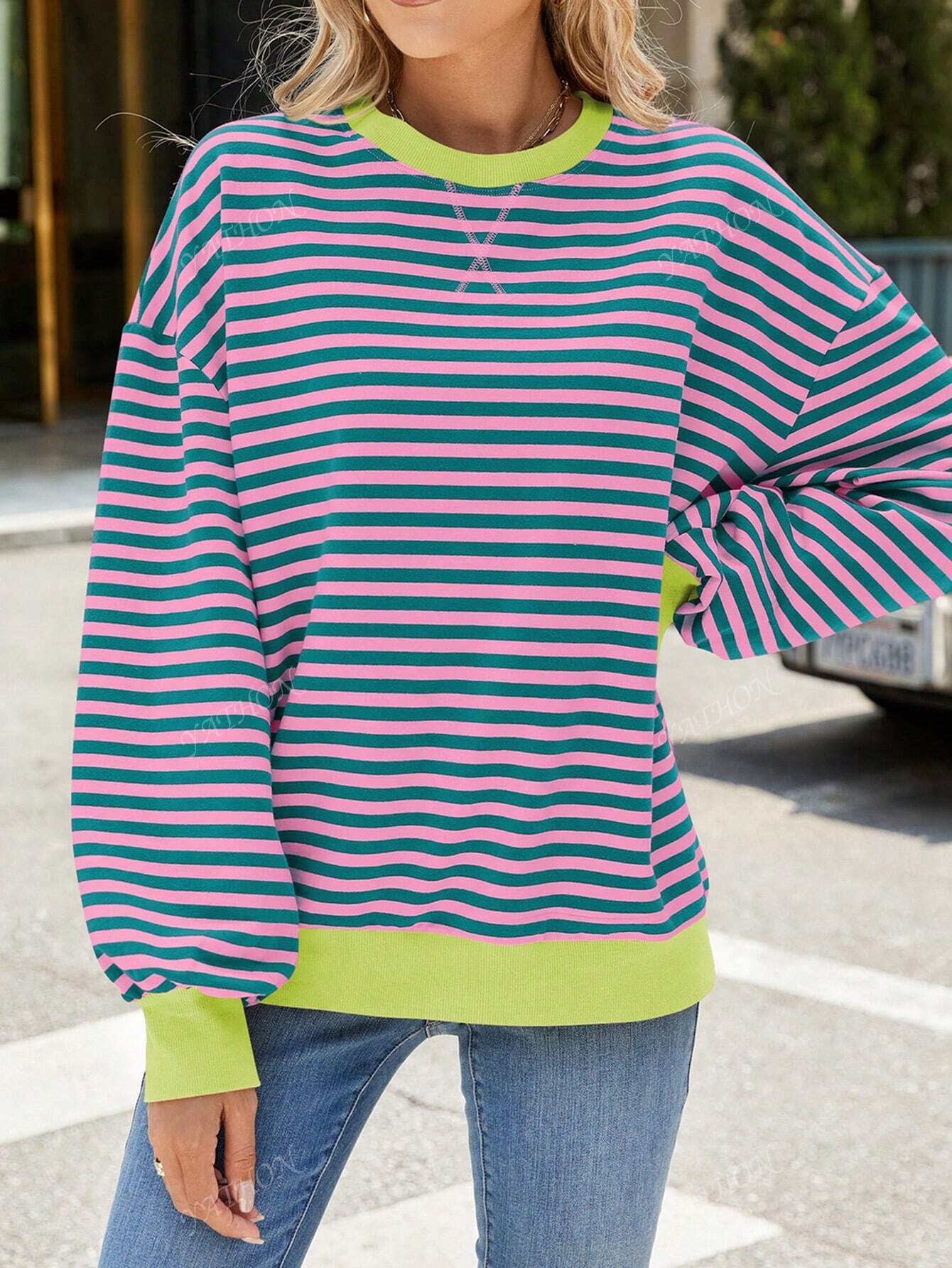 Casual New Striped & Floral Print Round Neck Loose Fit Pullover Sweatshirt