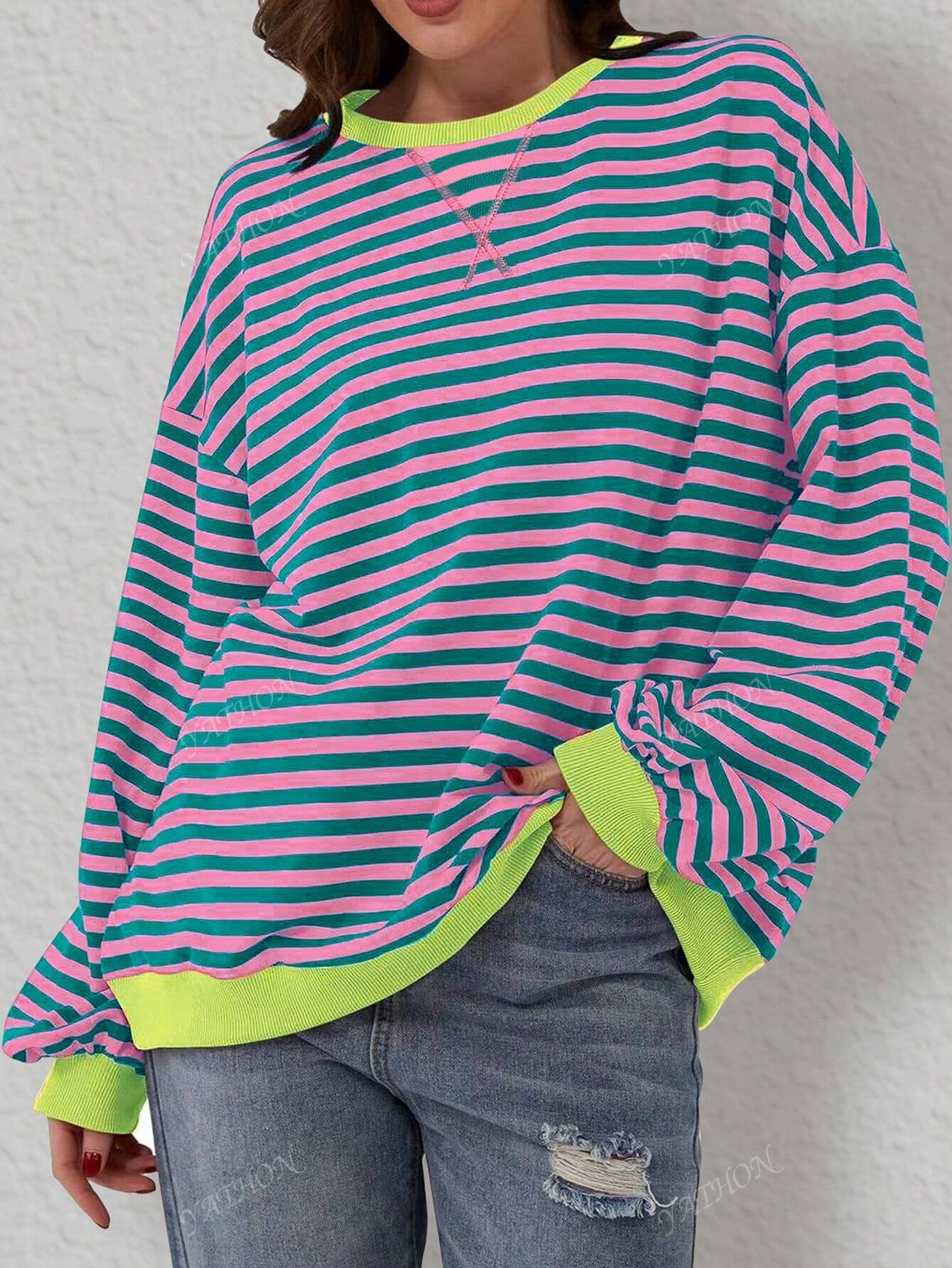 Casual New Striped & Floral Print Round Neck Loose Fit Pullover Sweatshirt