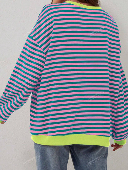 Casual New Striped & Floral Print Round Neck Loose Fit Pullover Sweatshirt