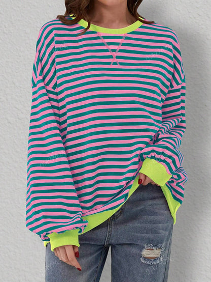 Casual New Striped & Floral Print Round Neck Loose Fit Pullover Sweatshirt