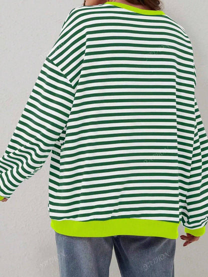 Casual New Striped & Floral Print Round Neck Loose Fit Pullover Sweatshirt