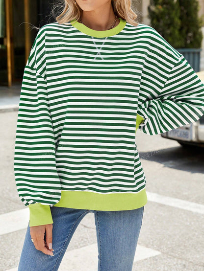 Casual New Striped & Floral Print Round Neck Loose Fit Pullover Sweatshirt