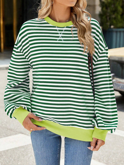 Casual New Striped & Floral Print Round Neck Loose Fit Pullover Sweatshirt