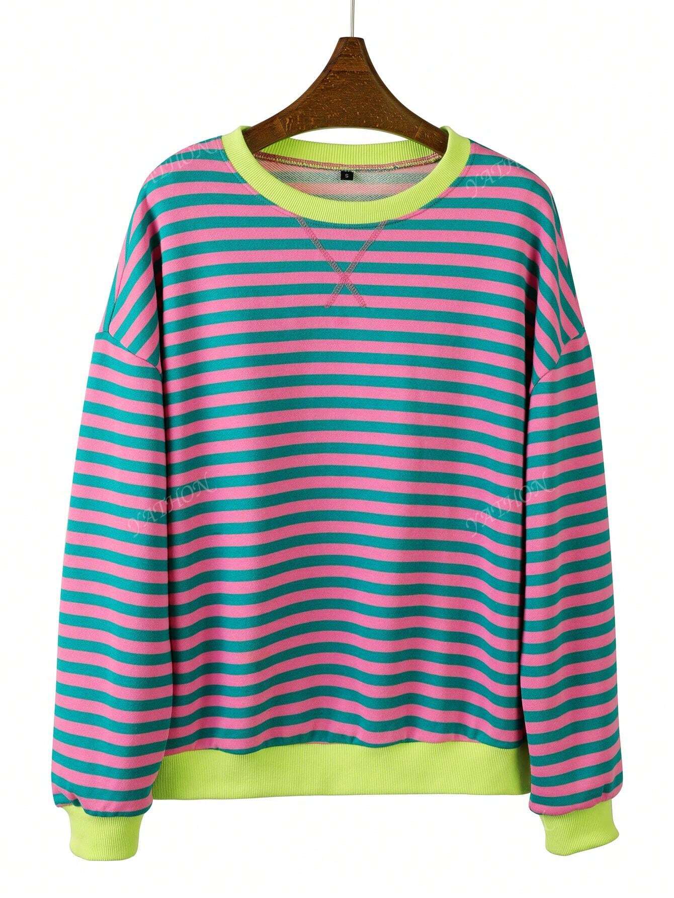 Casual New Striped & Floral Print Round Neck Loose Fit Pullover Sweatshirt