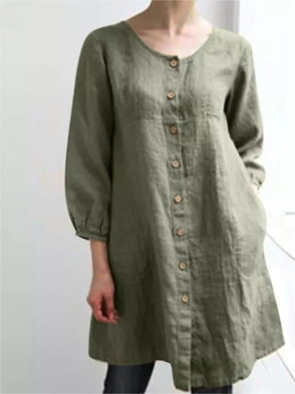 Women's Solid Color Round Neck Button Casual Shirt