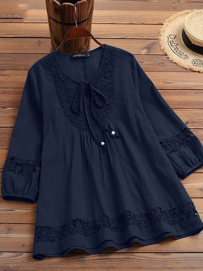 Women's Solid Color Lace Tie Cotton Cotton Shirt