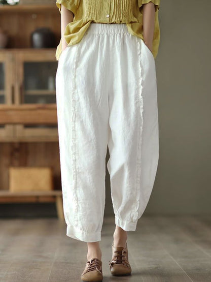 Cotton Linen Retro Wood Ear Stitching Casual Pants