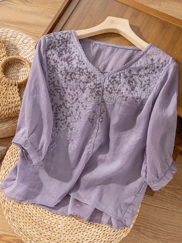 Embroidered V Neck 3/4 Sleeve Casual Linen Top