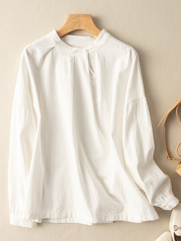 100% Natural Fabric Crew Neck Loose Long-Sleeved Shirt In Solid Color