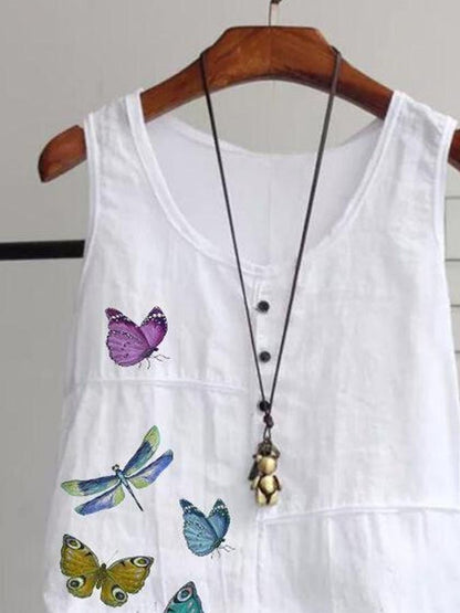 Butterfly Print V-Neck Cotton and Linen Tank Top