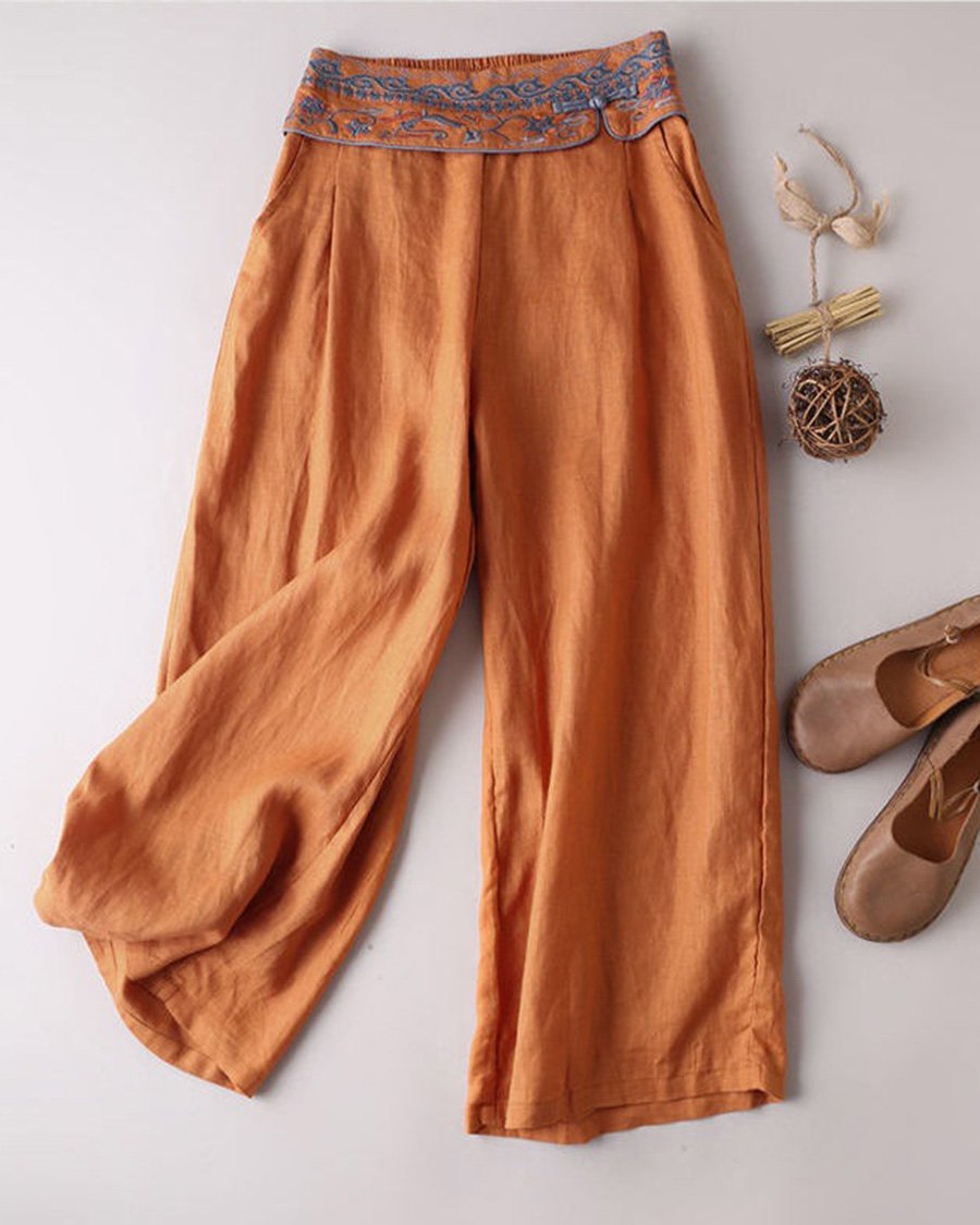 Ethnic Embroidered Waist Wide Leg Pants