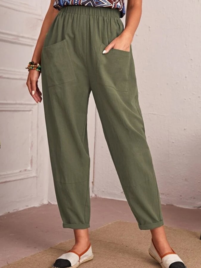 Cotton And Linen Elastic Waist Double Patch Pocket Casual Pants