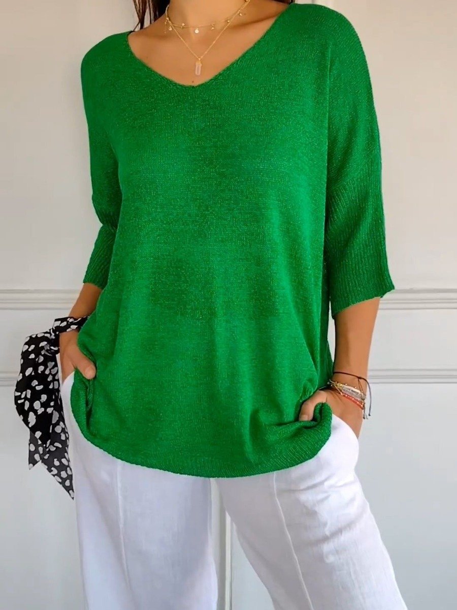 Solid Color Knitted V-neck Top