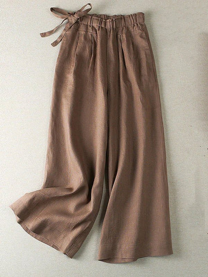 Draping Casual Linen Solid Color Wide Leg Ninth Pants