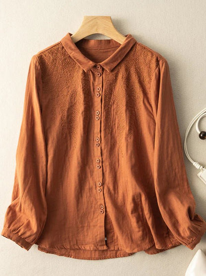 Embroidered Long Sleeve Casual Linen Shirt Top