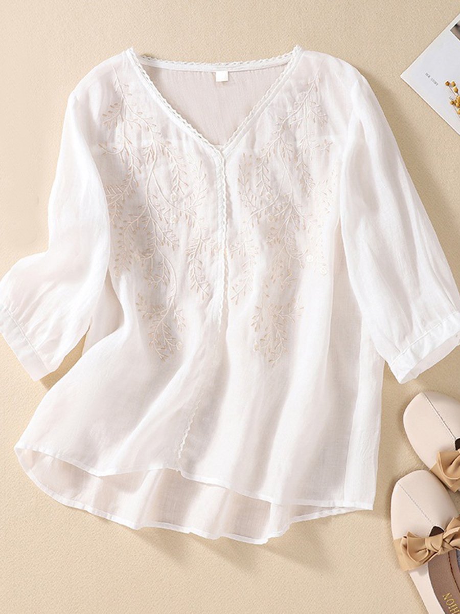 Embroidered Loose Cotton And Linen Top