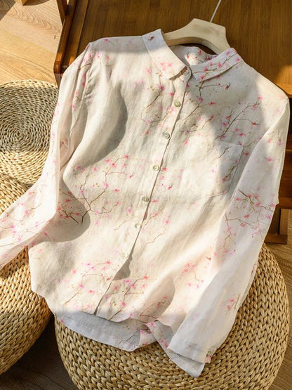 Floral Print Long Sleeve Casual Linen Shirt Top