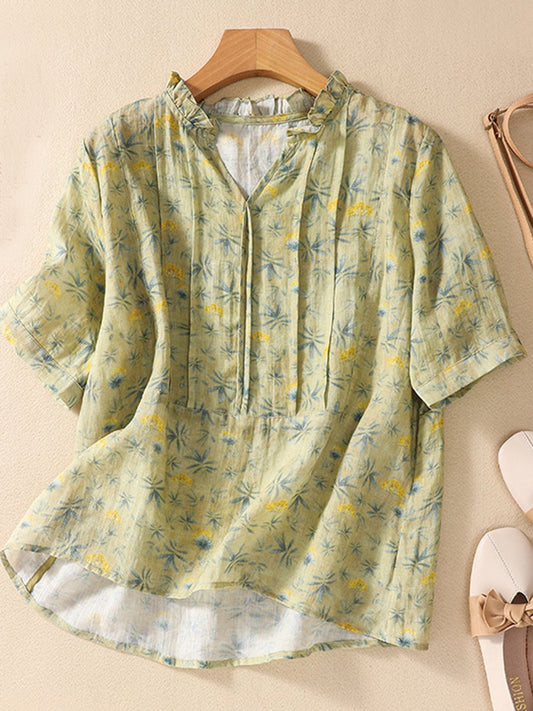 Cotton And Linen Lace Up Fungus Versatile Short Sleeve T-shirt