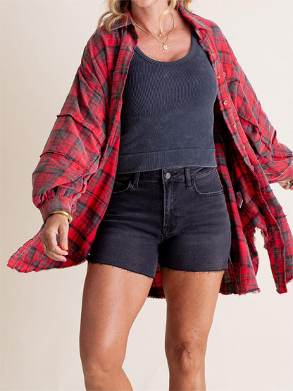 Women's Seams Raw Edge Washed Oversized Shirt Jacket with Pockets