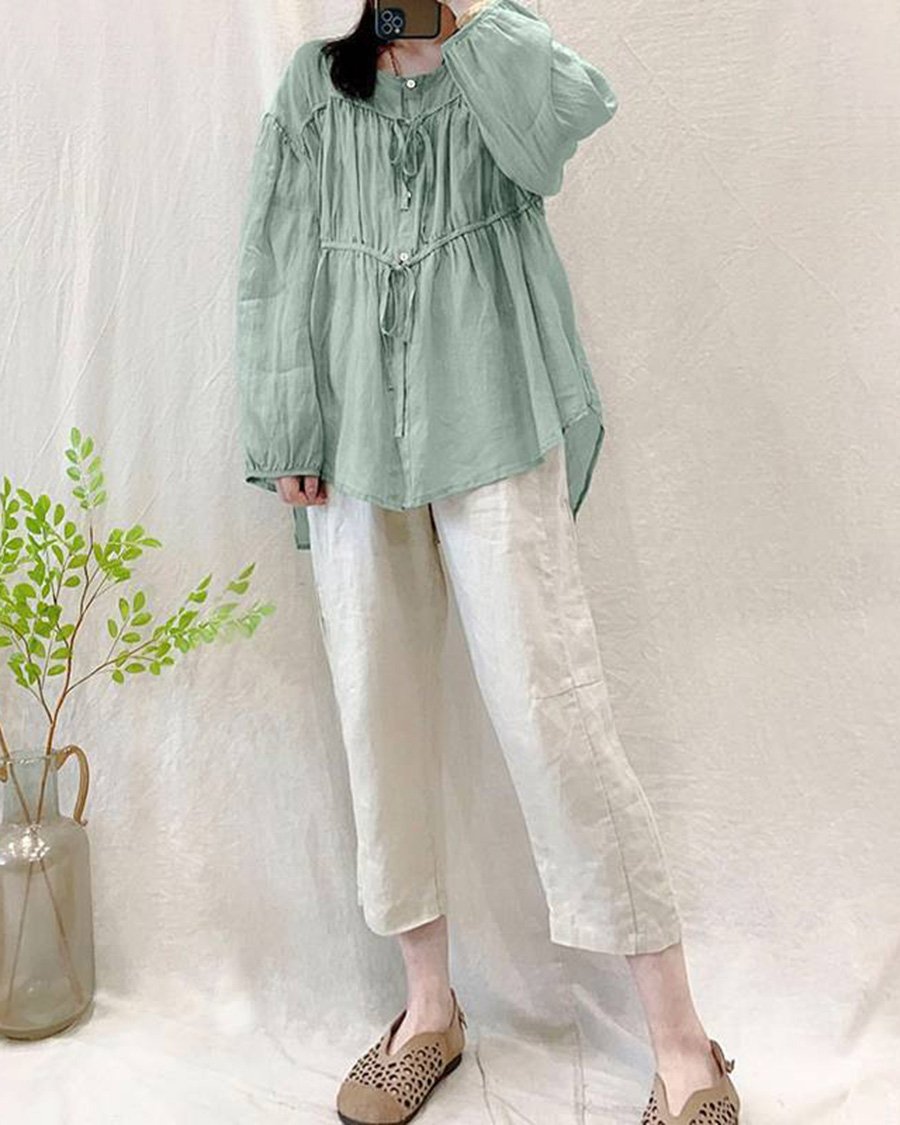 Single-breasted Ruched Long-sleeve Solid Cotton And Linen Top