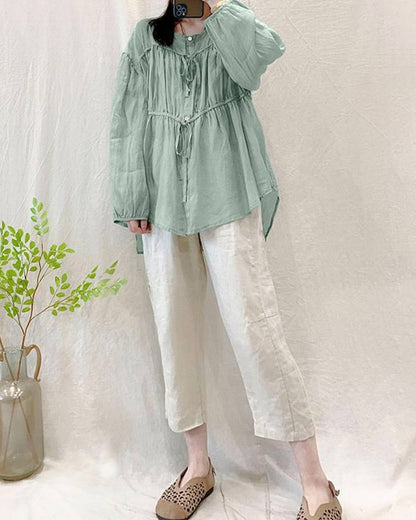 Single-breasted Ruched Long-sleeve Solid Cotton And Linen Top