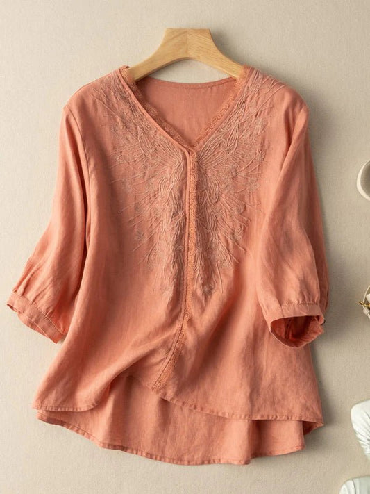 Embroidered V Neck 3/4 Sleeve Casual Linen Tee Top