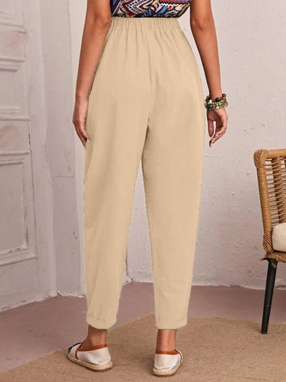 Cotton And Linen Elastic Waist Double Patch Pocket Casual Pants