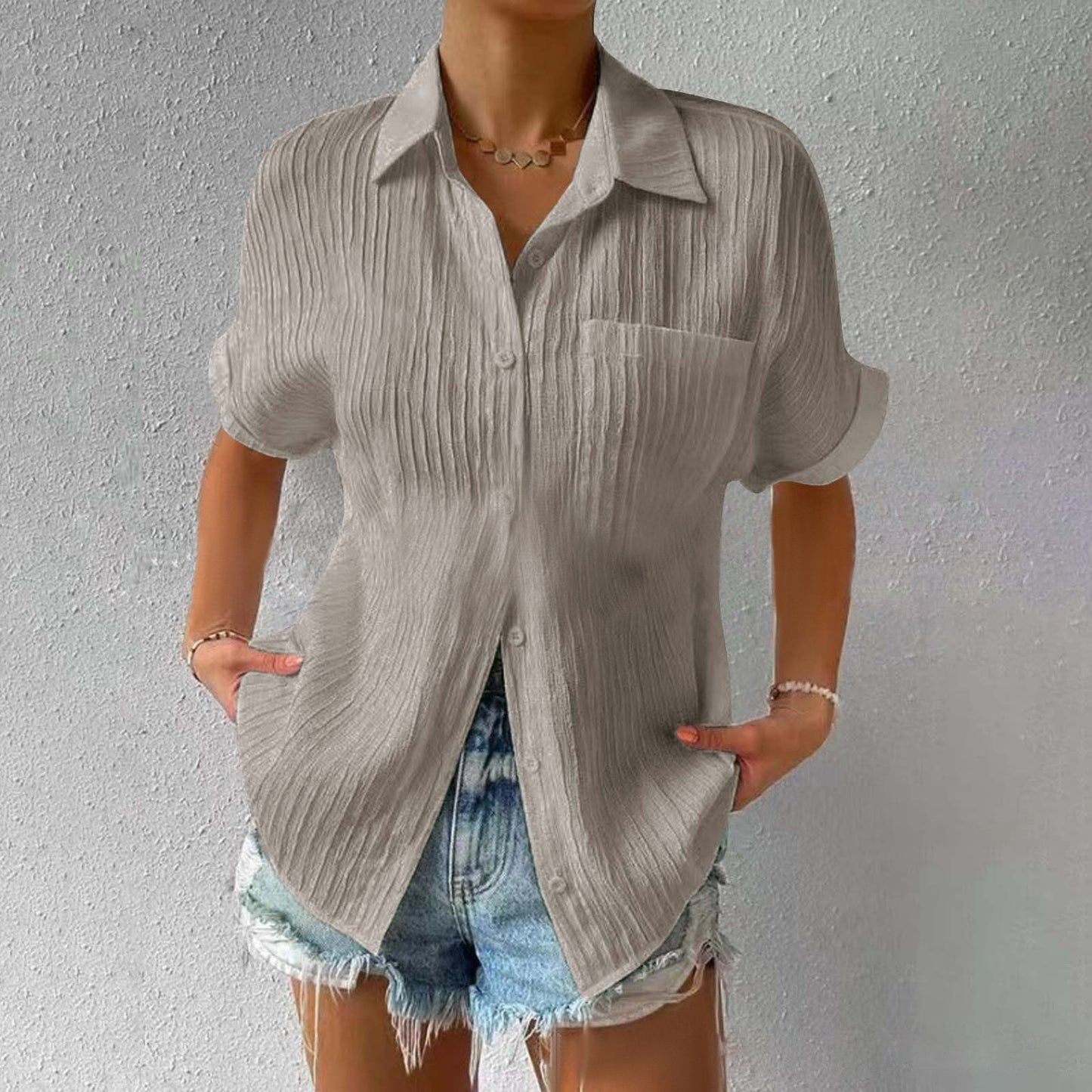 Shirt Collar Casual Buttoned Loose Blouse