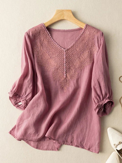 Embroidered V Neck Half Sleeve Casual Linen Top