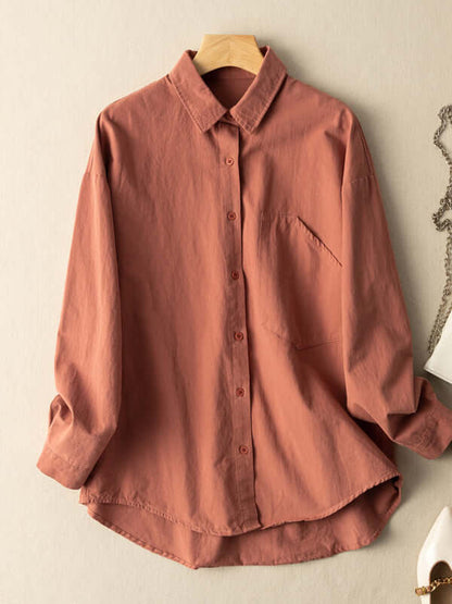 100% Natural Fabric Loose Casual Shirt With Pockets In Solid Color